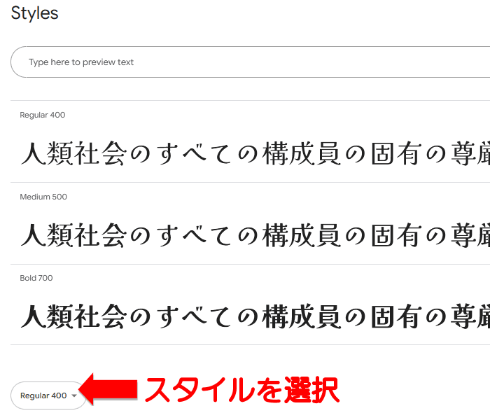 Google Fonts スタイル選択